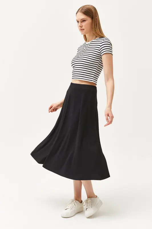 Women's Black Elastic Waist Baggy Knit Skirt ETK-1 - 6