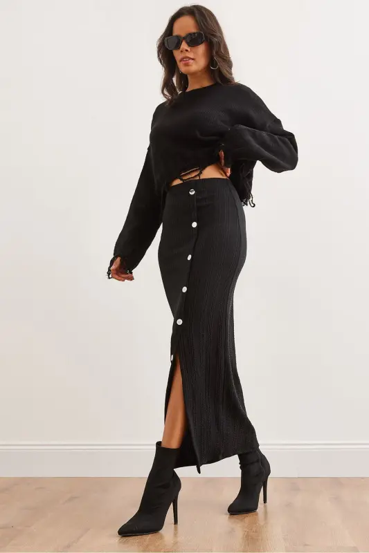 Women's Black Elastic Waist Buttoned Slit Long Skirt - OLALOOK