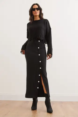 Women's Black Elastic Waist Buttoned Slit Long Skirt - 4