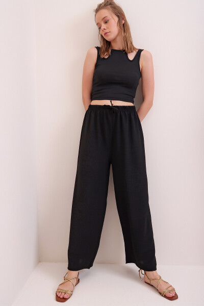 Women's Black Elastic Waist Relaxed Fit Aerobic Pants - TREND ALAÇATI STILI (1)