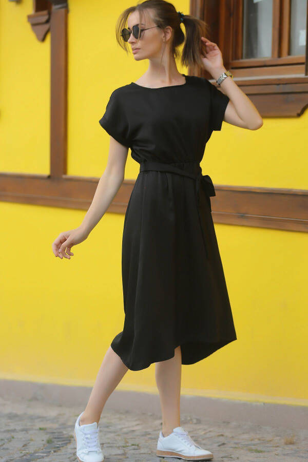 Women's Black Elastic Waist Tie Dress ARM-18Y001133 - 1