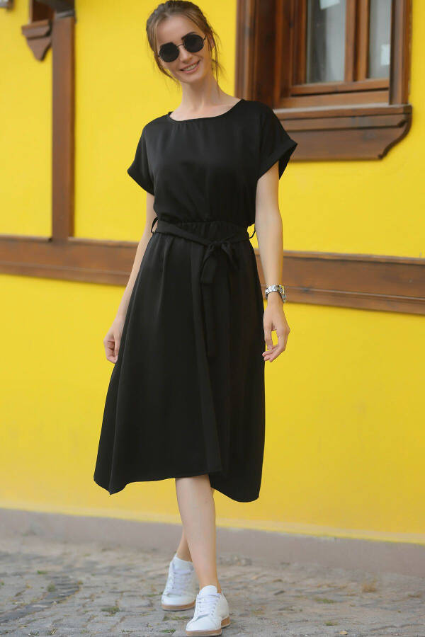 Women's Black Elastic Waist Tie Dress ARM-18Y001133 - 2