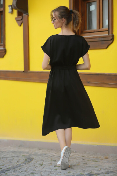 Women's Black Elastic Waist Tie Dress ARM-18Y001133 - 3