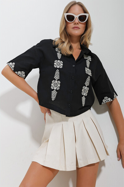 Women's Black Embroidered Linen Shirt ALC-X11622 - 2