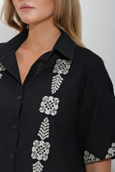 Women's Black Embroidered Linen Shirt ALC-X11622 - 5