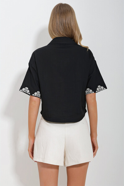 Women's Black Embroidered Linen Shirt ALC-X11622 - 6