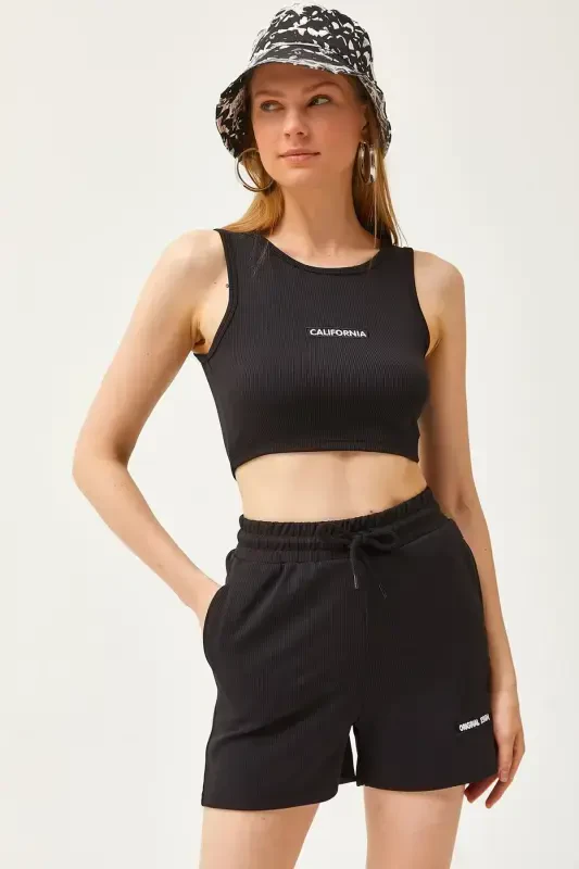 Women's Black Embroidered Lycra Shorts Set TKM-19000 - OLALOOK