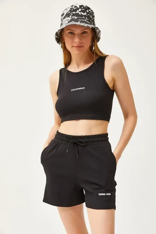 Women's Black Embroidered Lycra Shorts Set TKM-19000 - 2