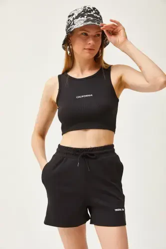 Women's Black Embroidered Lycra Shorts Set TKM-19000 - 3