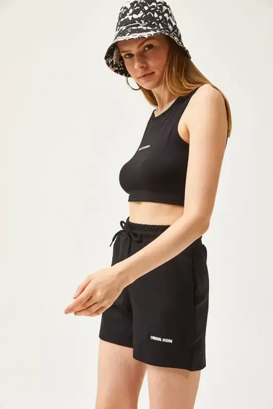 Women's Black Embroidered Lycra Shorts Set TKM-19000 - 4