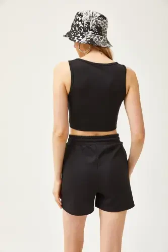 Women's Black Embroidered Lycra Shorts Set TKM-19000 - 5