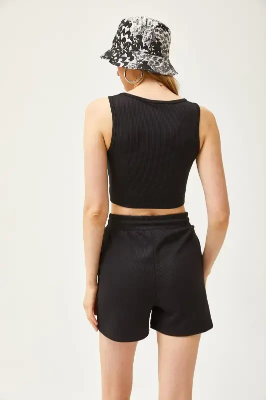 Women's Black Embroidered Lycra Shorts Set TKM-19000 - 5