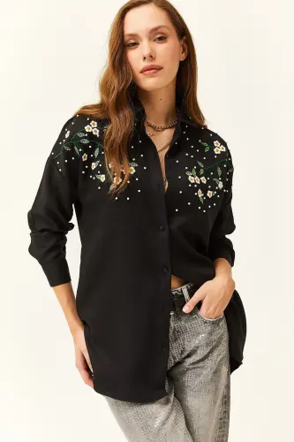 Women's Black Embroidered Pearl Beaded Wool Effect Oversize Winter Shirt-Black 