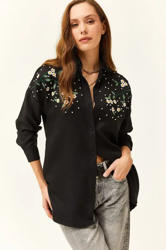 Women's Black Embroidered Pearl Beaded Wool Effect Oversize Winter Shirt-Black - 1