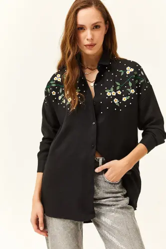 Women's Black Embroidered Pearl Beaded Wool Effect Oversize Winter Shirt-Black - 2