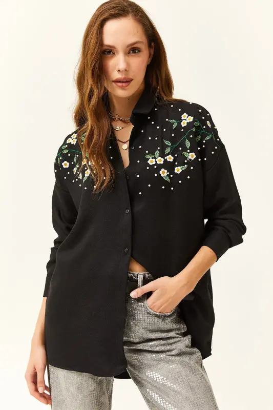 Women's Black Embroidered Pearl Beaded Wool Effect Oversize Winter Shirt-Black - 3