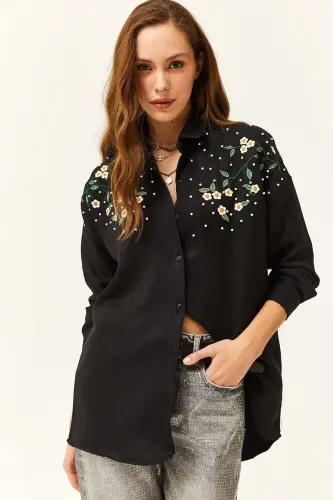 Women's Black Embroidered Pearl Beaded Wool Effect Oversize Winter Shirt-Black - 4