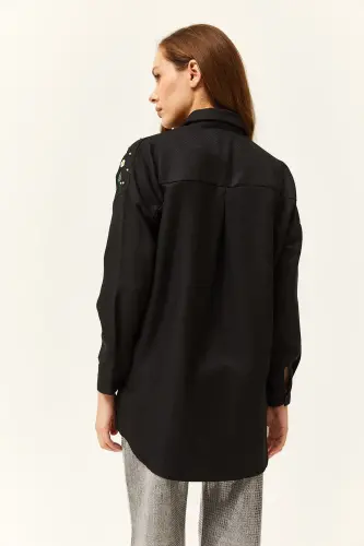 Women's Black Embroidered Pearl Beaded Wool Effect Oversize Winter Shirt-Black - 5