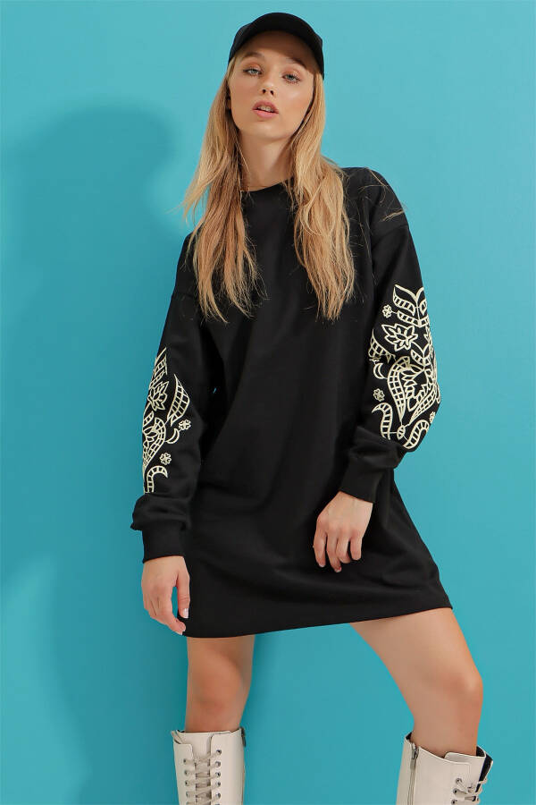 Women's Black Embroidered Sleeve Print Sweat Dress ALC-X3095 - 1