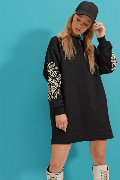 Women's Black Embroidered Sleeve Print Sweat Dress ALC-X3095 - 3