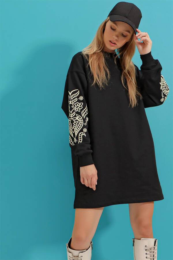 Women's Black Embroidered Sleeve Print Sweat Dress ALC-X3095 - 3