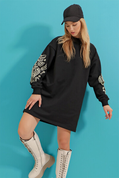 Women's Black Embroidered Sleeve Print Sweat Dress ALC-X3095 - 4