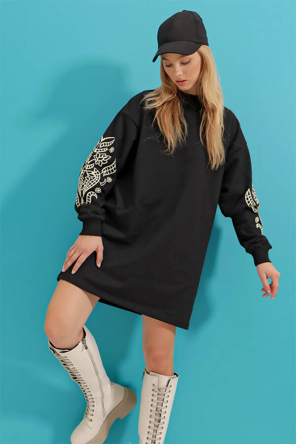 Women's Black Embroidered Sleeve Print Sweat Dress ALC-X3095 - 4