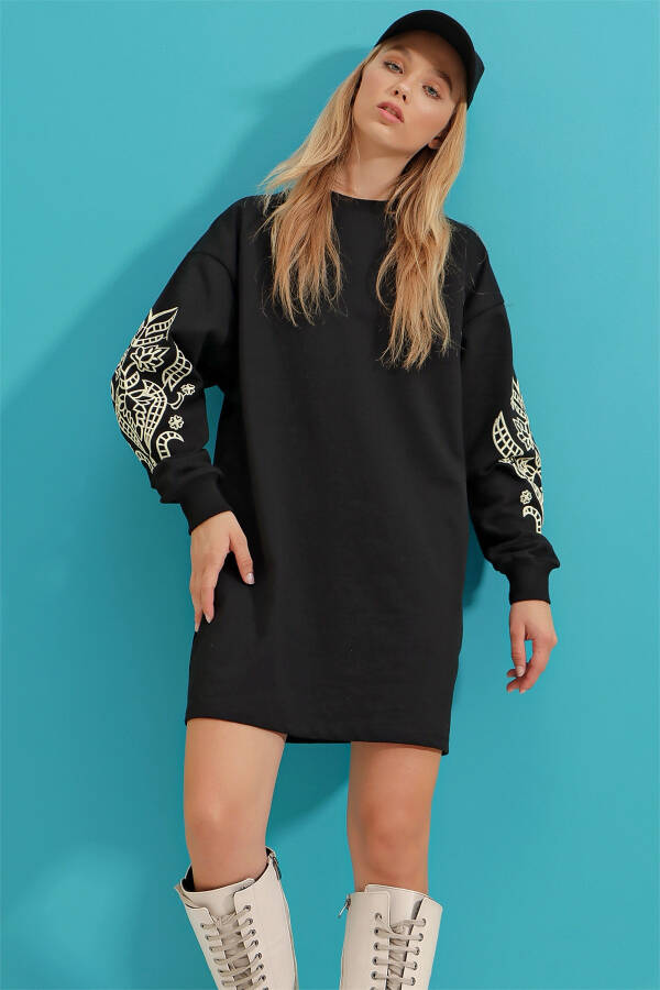 Women's Black Embroidered Sleeve Print Sweat Dress ALC-X3095 - 5