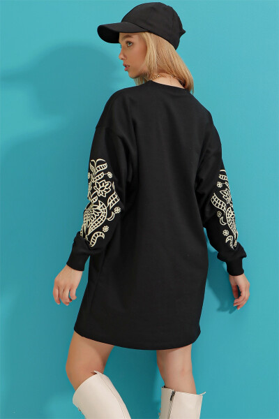 Women's Black Embroidered Sleeve Print Sweat Dress ALC-X3095 - 6
