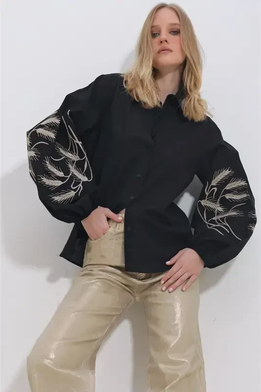 Women's Black Embroidered Sleeves Poplin Woven Shirt ALC-X11374 - TREND ALAÇATI STILI