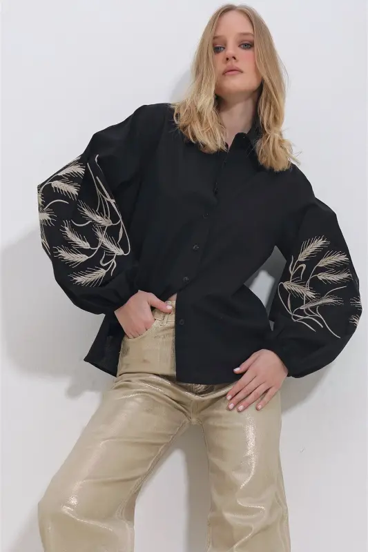 Women's Black Embroidered Sleeves Poplin Woven Shirt ALC-X11374 - 1