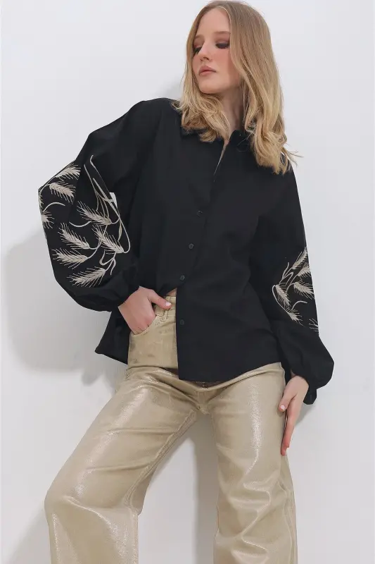 Women's Black Embroidered Sleeves Poplin Woven Shirt ALC-X11374 - 3