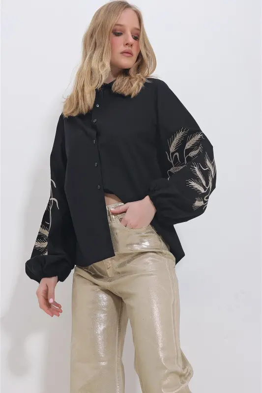 Women's Black Embroidered Sleeves Poplin Woven Shirt ALC-X11374 - 4