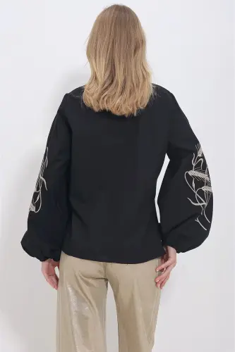 Women's Black Embroidered Sleeves Poplin Woven Shirt ALC-X11374 - 5