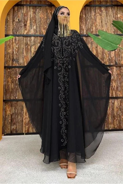 Women's Black Embroidered Tulle Two-Piece Ferace Set T 6773 - TRENDTESETTÜR