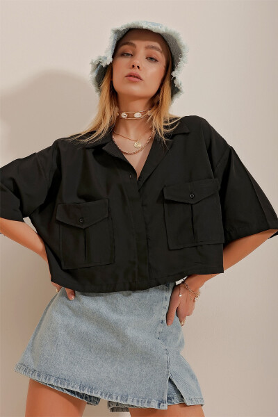Women's Black Envelope Pocket Crop Poplin Shirt ALC-X6045 