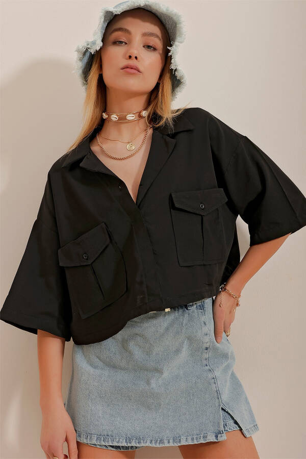 Women's Black Envelope Pocket Crop Poplin Shirt ALC-X6045 - 3