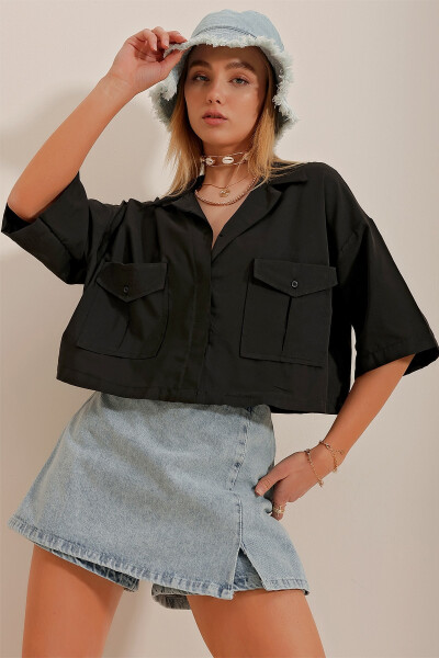 Women's Black Envelope Pocket Crop Poplin Shirt ALC-X6045 - 4