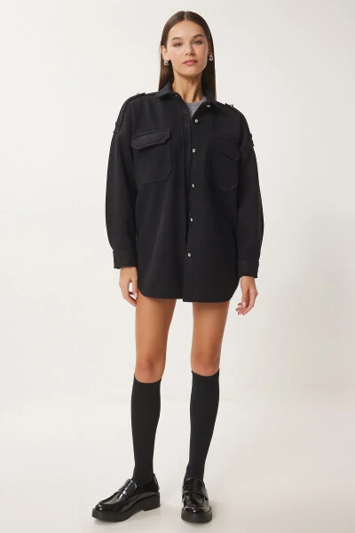 Women's Black Epaulet Pocket Woven Shirt Jacket FH00020 - HAPPINESS İSTANBUL (1)