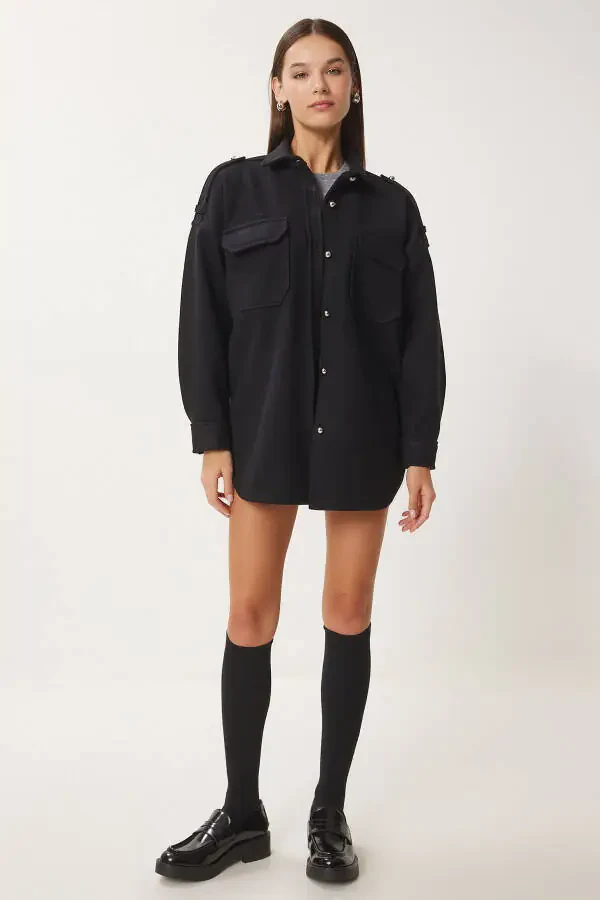 Women's Black Epaulet Pocket Woven Shirt Jacket FH00020 - 2