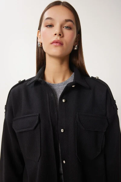 Women's Black Epaulet Pocket Woven Shirt Jacket FH00020 - 3