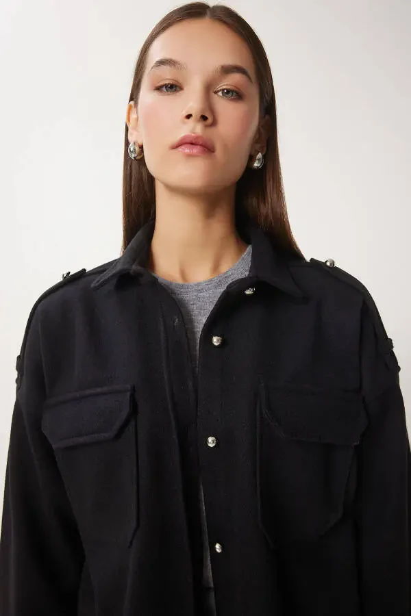 Women's Black Epaulet Pocket Woven Shirt Jacket FH00020 - 3