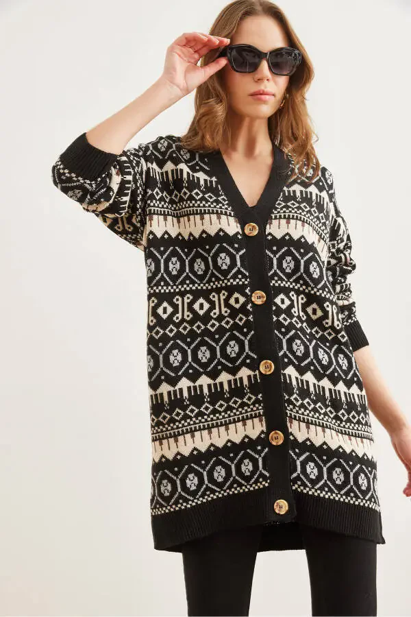 Women's Black Ethnic Pattern Oversized Knit Cardigan HRK-19000300 - 1