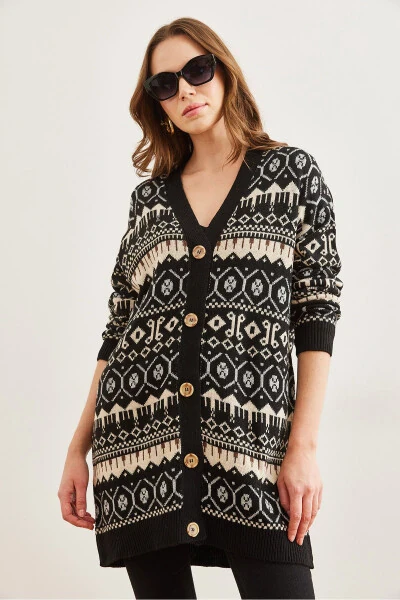 Women's Black Ethnic Pattern Oversized Knit Cardigan HRK-19000300 - OLALOOK (1)