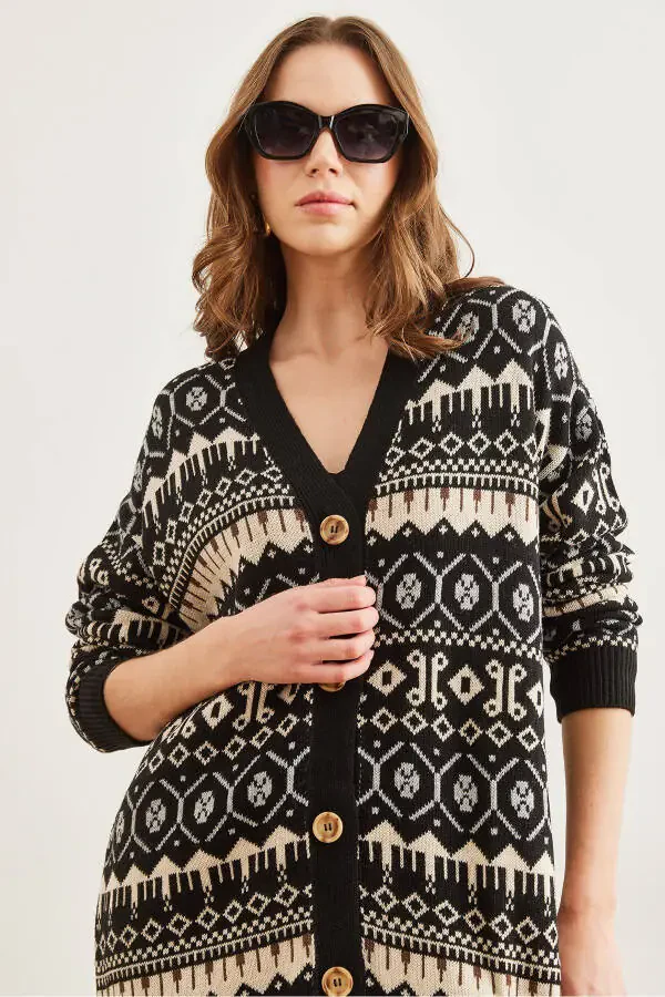 Women's Black Ethnic Pattern Oversized Knit Cardigan HRK-19000300 - 4