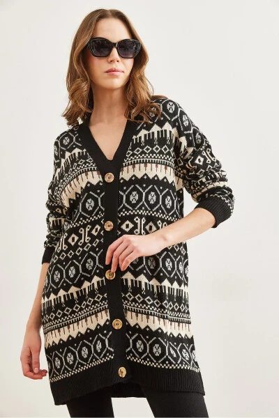 Women's Black Ethnic Pattern Oversized Knit Cardigan HRK-19000300 - 5