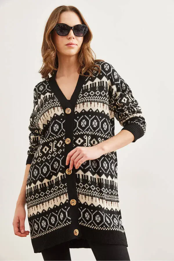 Women's Black Ethnic Pattern Oversized Knit Cardigan HRK-19000300 - 5