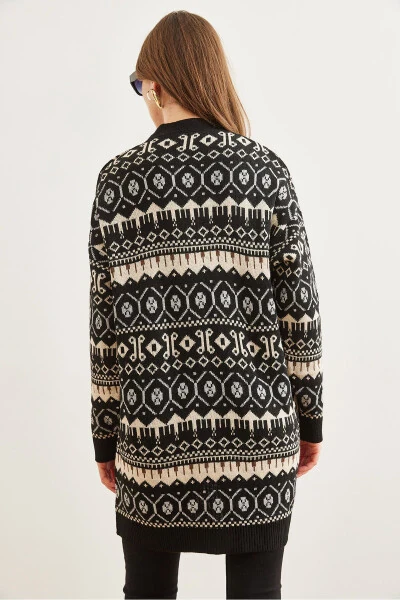 Women's Black Ethnic Pattern Oversized Knit Cardigan HRK-19000300 - 6