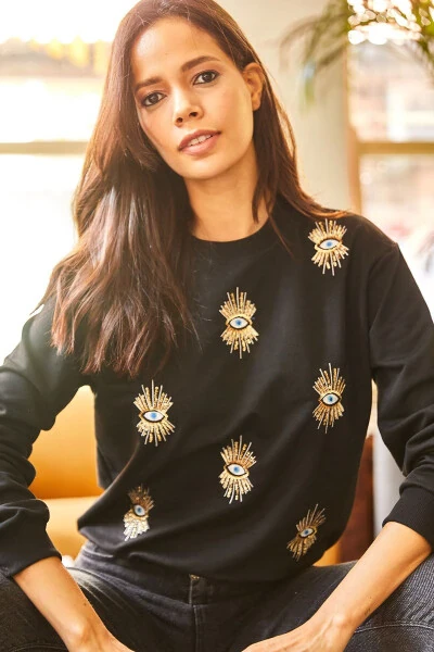 Women's Black Eye Embroidery Seasonal Sweatshirt SWT-19000598 - OLALOOK (1)