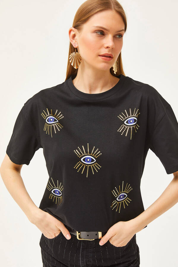 Women's Black Eye Print Foil Detail T-Shirt TSH-19000770 - 1